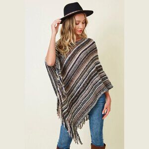 ON BLUE Brown & Black Striped Fringe Poncho